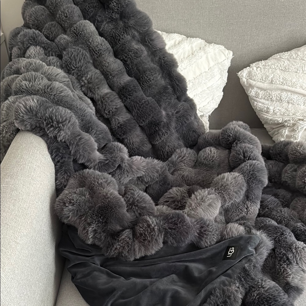 UGG Gray Faux Fur Throw Blanket